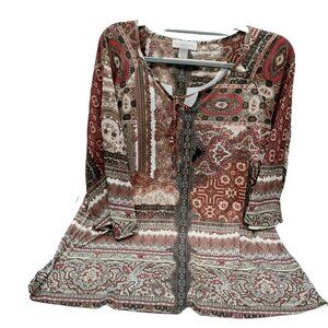 Catherines Shirt Brown Red White Patterned V Neck Tie Size Medium